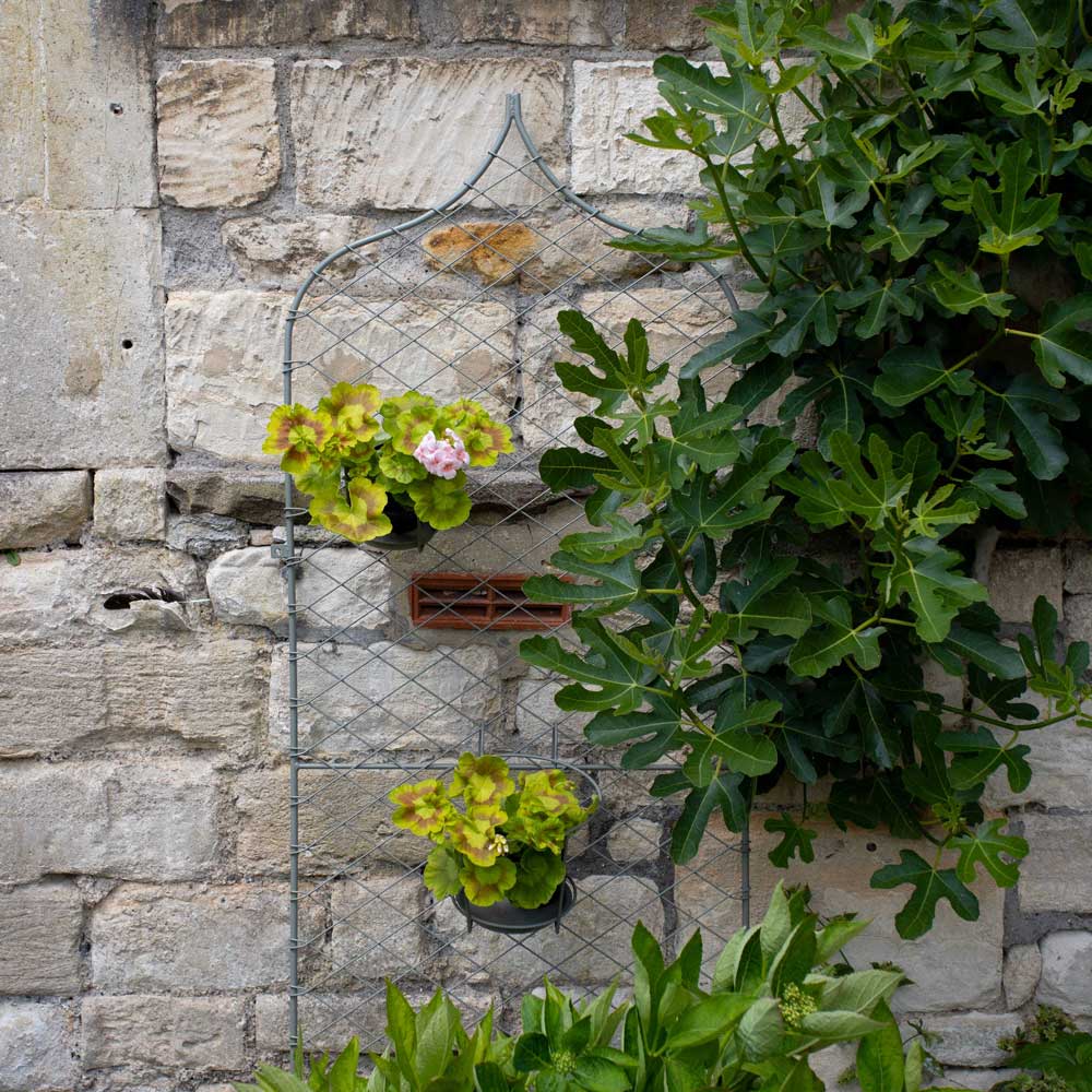 Decorative metal wall planter with greenery against a stone wall
