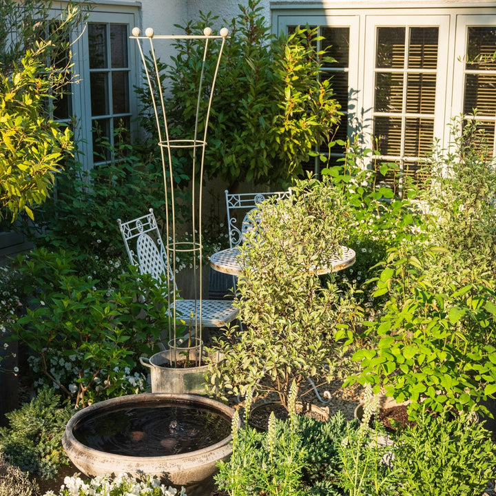 Garden scene with a bird bath, plants, and a trellis in a residential setting.