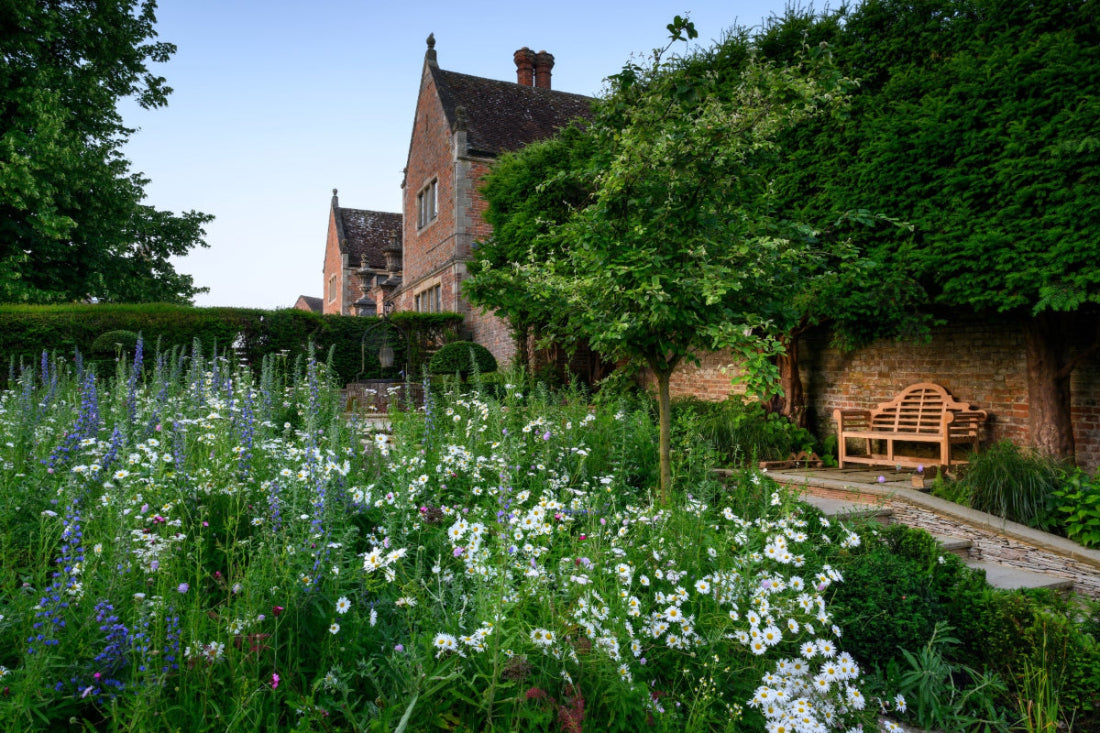 Garden scene with a large flowerbed, a wooden bench beneath a line of trees against a brick wall and a large brick cottage in the background. 
