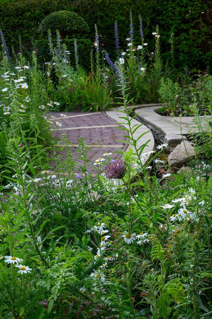 Garden scene with flowerbeds lining a brick garden path