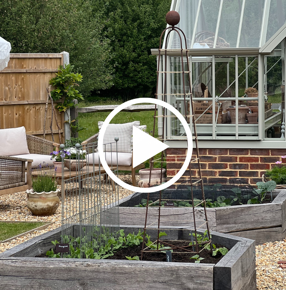 Outdoor garden scene with raised beds, chairs, and a greenhouse.