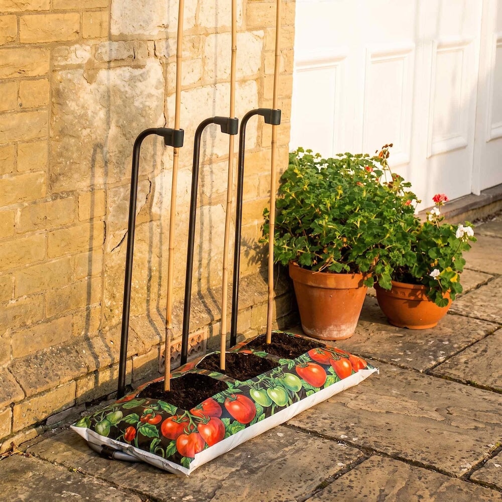 Agriframes growbag support on a stone patio 