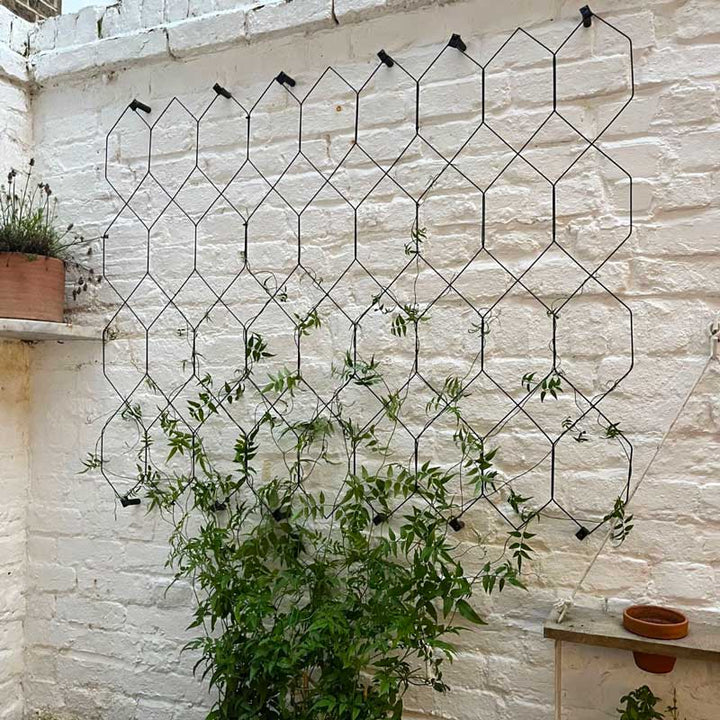 lattice wall trellis on a beige brick wall with some plants growing up it
