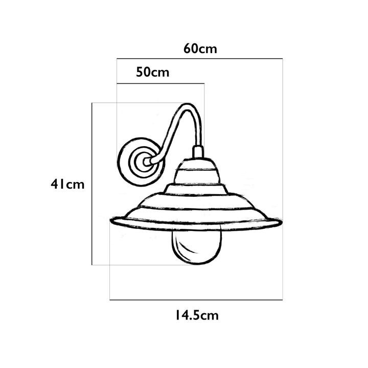 Illustration of the Agriframes Bucklebury Outdoor Wall Lamp with dimensions indicated around it