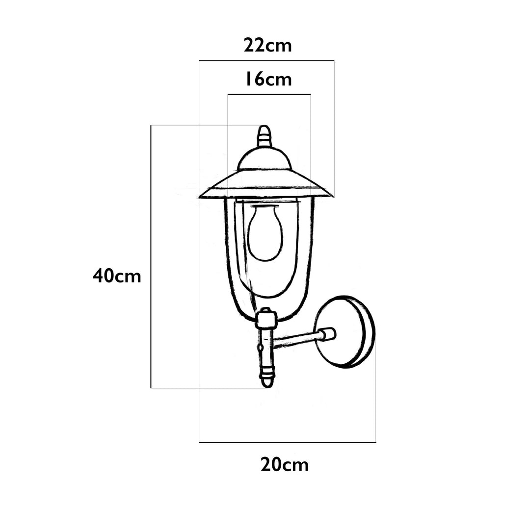 Illustration of the Agriframes Kensington Outdoor Wall Lamp with dimensions indicated around it