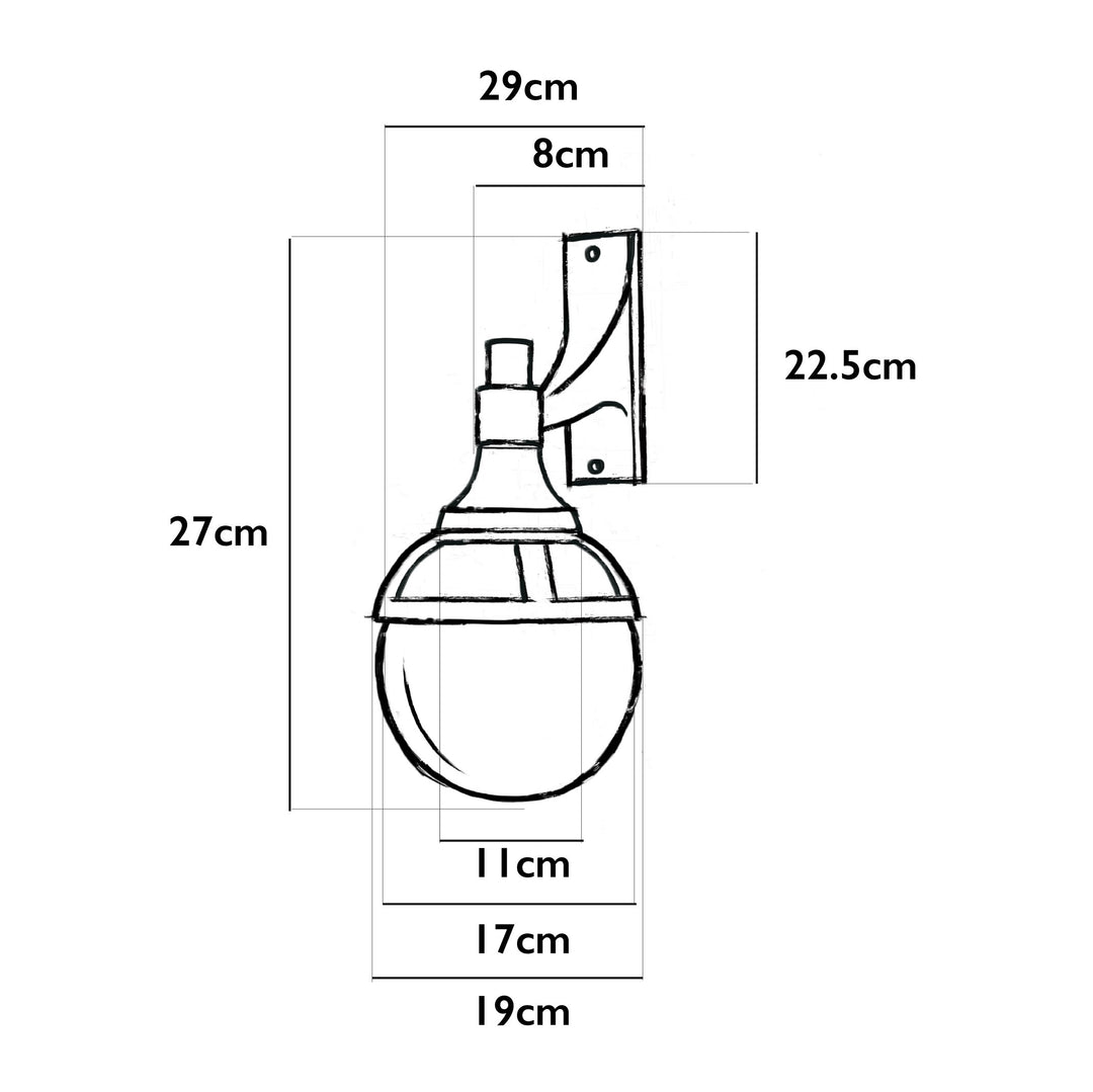 Illustration of the Agriframes London Outdoor Wall Lamp with dimensions indicated around it