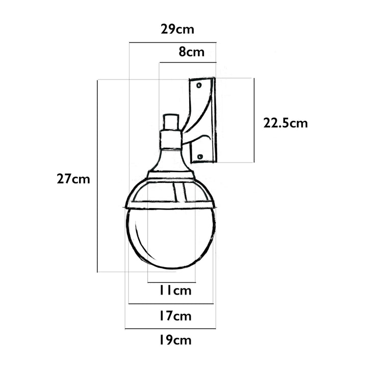 Illustration of the Agriframes London Outdoor Wall Lamp with dimensions indicated around it