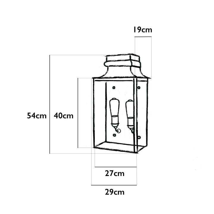 Illustration of the Agriframes Marlborough Outdoor Wall Lamp with dimensions indicated around it