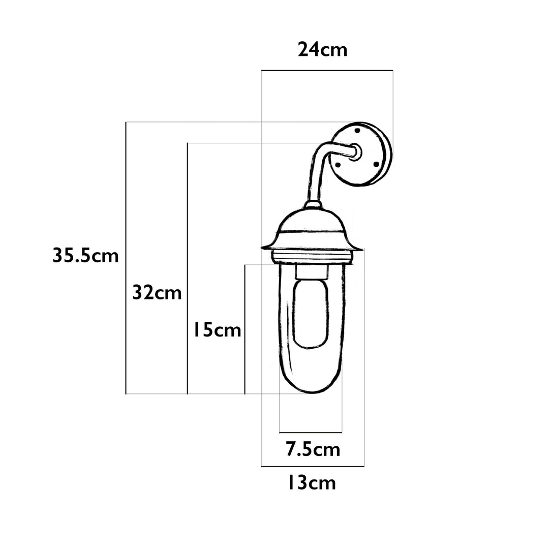 Illustration of the Agriframes Pewsey Outdoor Wall Lamp with dimensions indicated around it