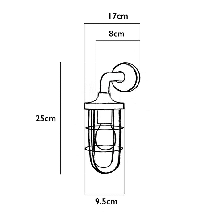 Illustration of the Agriframes Polperro Outdoor Wall Lamp with dimensions indicated around it