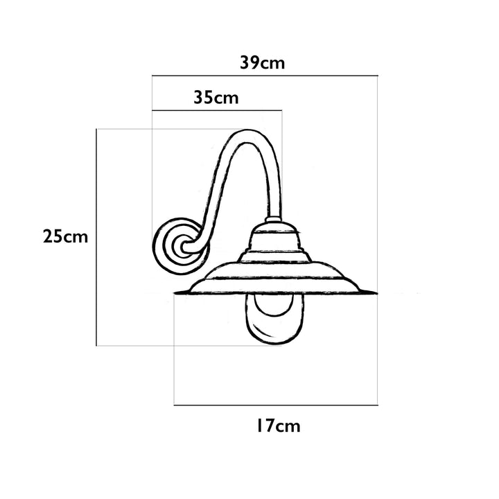 Illustration of the Agriframes Tetbury Outdoor Wall Lamp with dimensions indicated around it