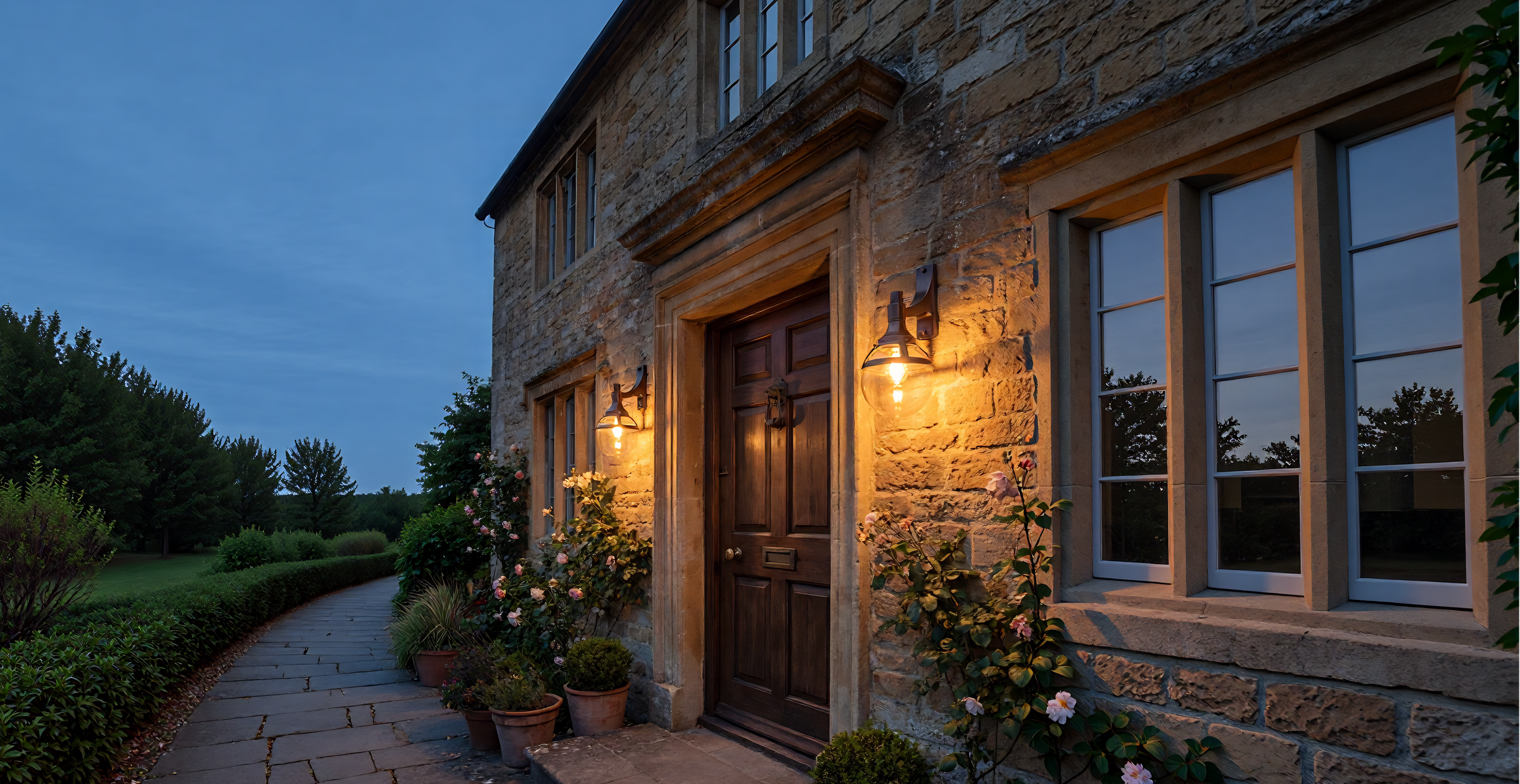 Two Agriframes London Outdoor Wall Lamps mounted on the front of a large stone house either side of a wooden door. The house has roses growing up its exterior and various planters in front of it. The lamps are lit as the image is taken at dusk.
