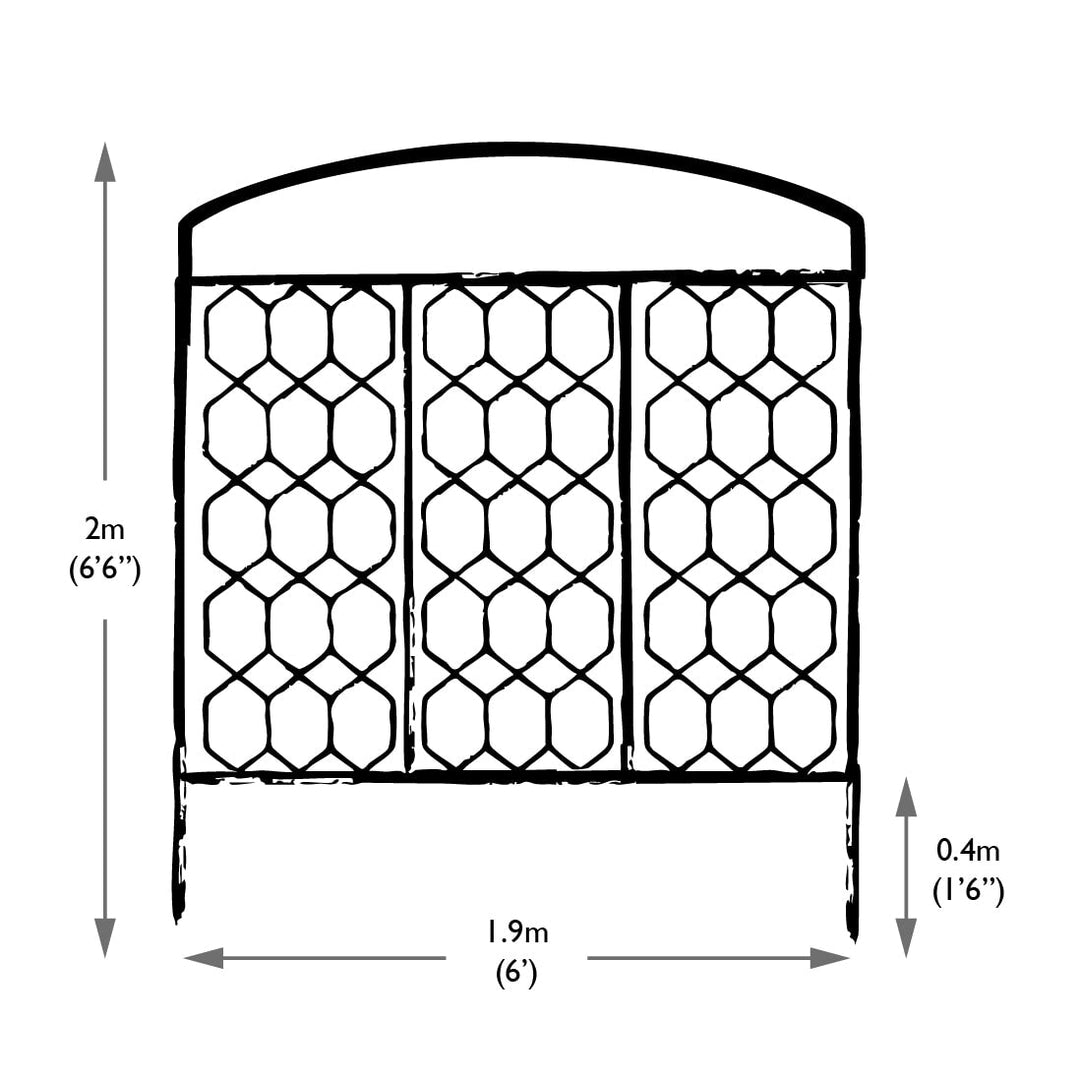 Line drawing of the agriframes monet fencing screen with dimensions indicated around it 