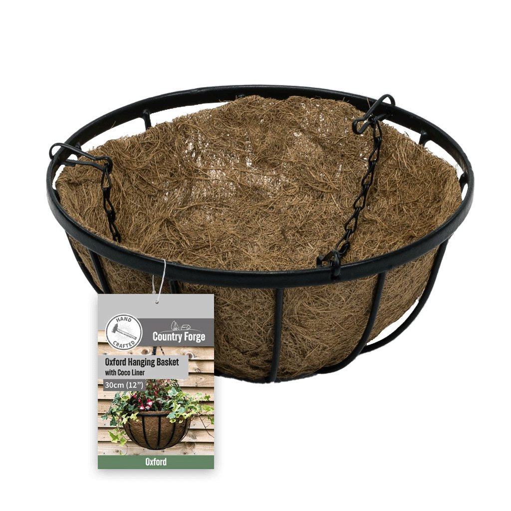 Agriframes Oxford Hanging Basket on a white background with a label attached to it with the product name and dimensions.