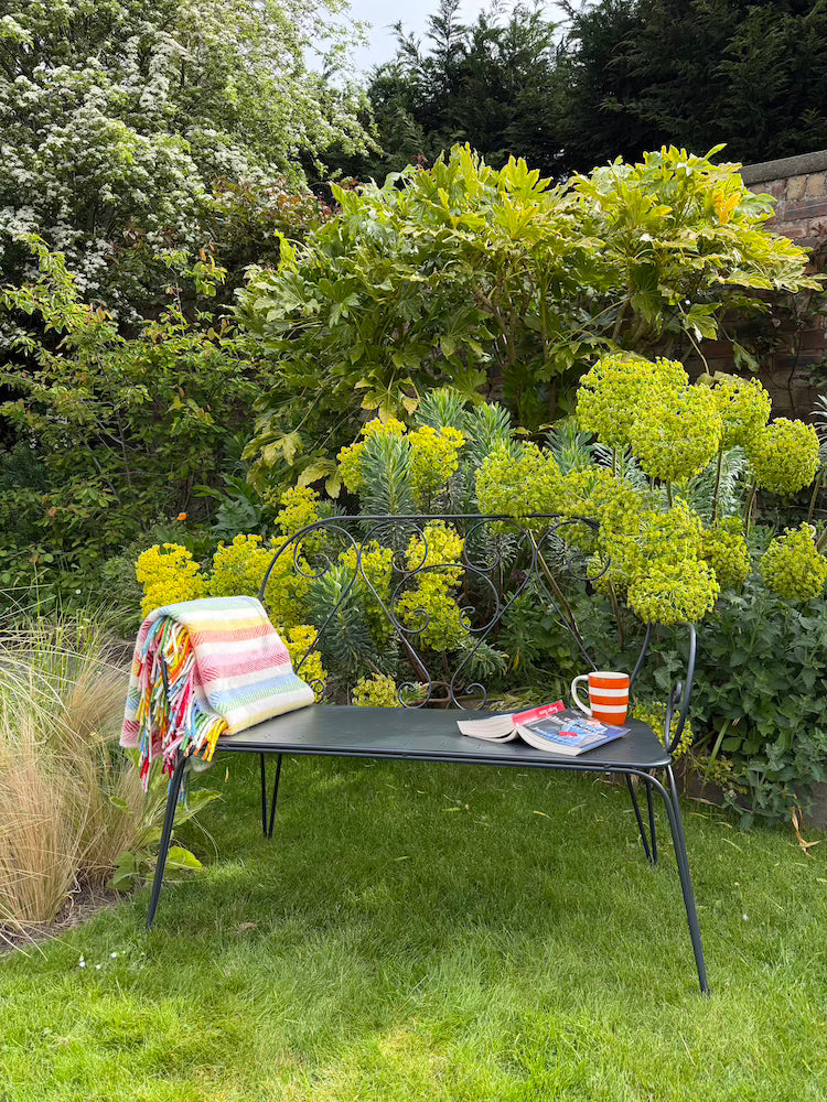 Pavillion Vintage Garden Bench on a lawn with a mug, a book and a blanket placed on the seat.