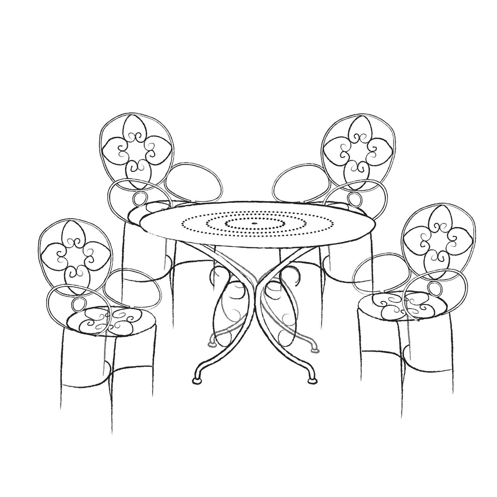 Black and white line drawing of the Agriframes Pavillion Vintage 4-seater table set.