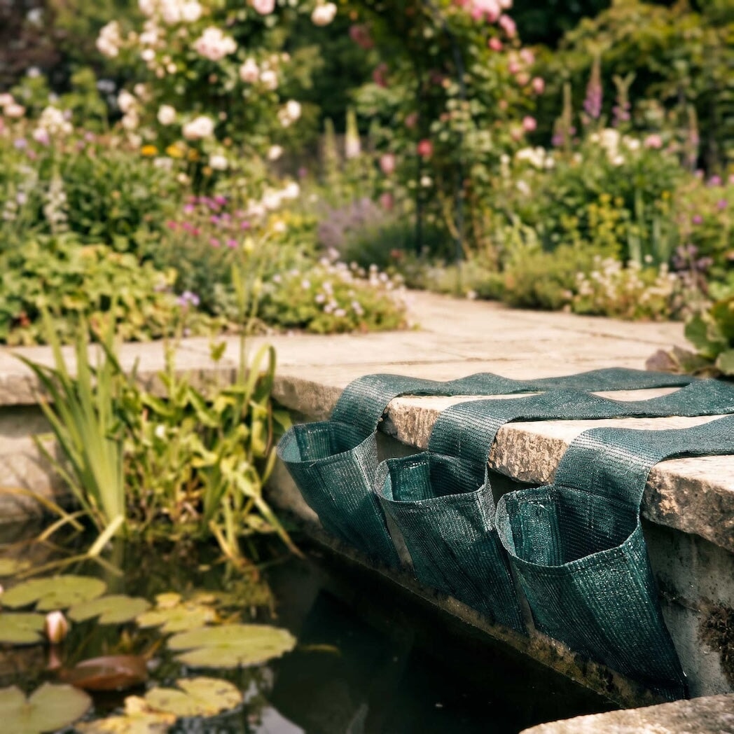 Agriframes pond pockets installed on the side of a pond in a patio garden