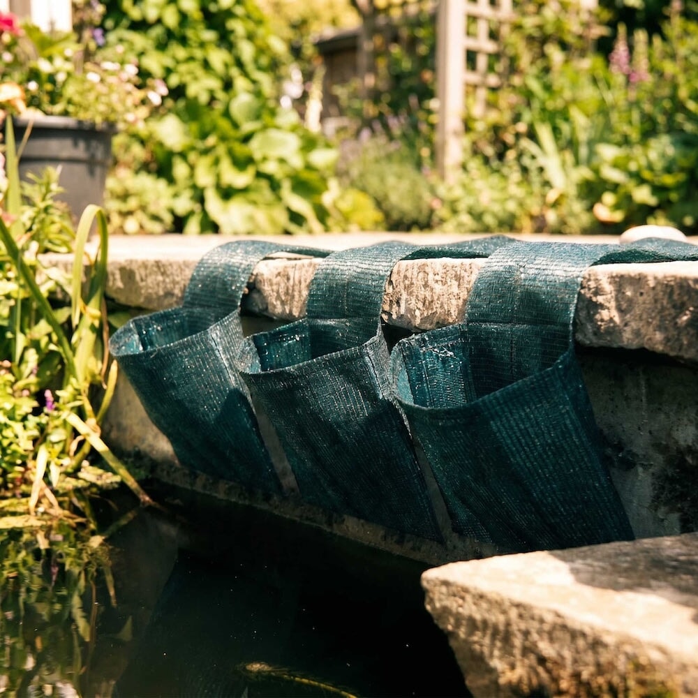 Closeup of the agriframes pond pockets installed on the side of a pond