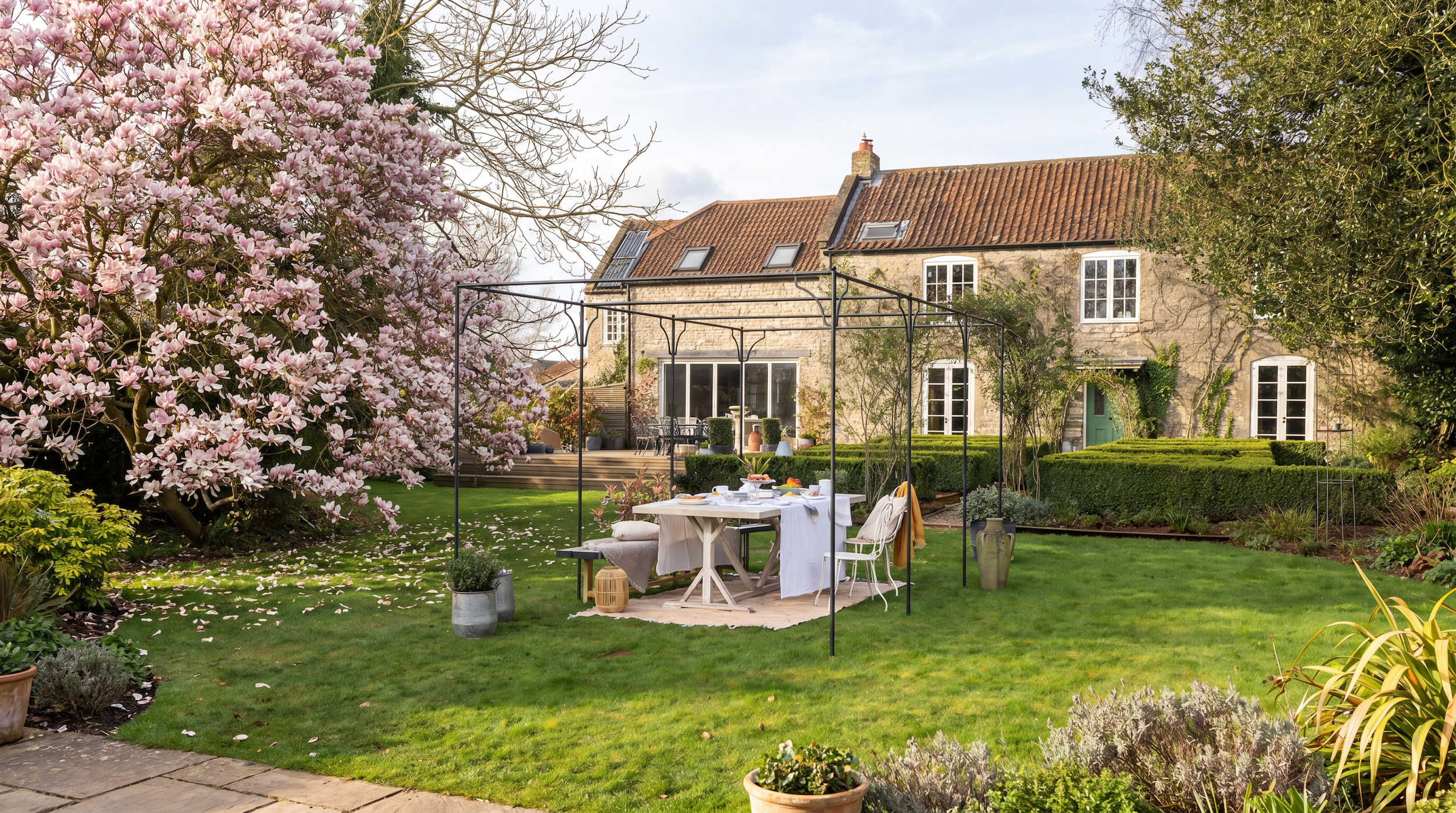 Agriframes Provence Pergola on a lawn with an outdoor dining set underneath, backdropped by a large cottage