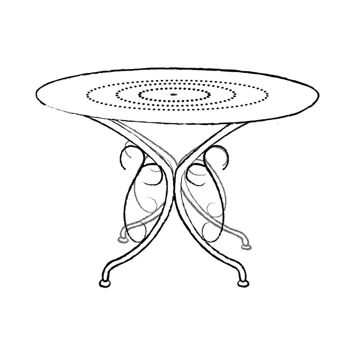 Line drawing of a decorative table with a circular top and intricate legs.