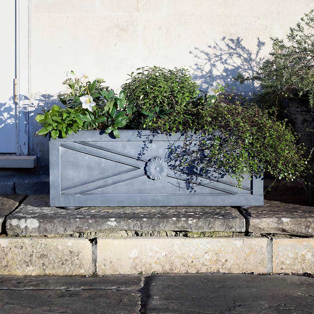 Agriframes Regency Zinc Trough Planter containing several different types of planter on a stone step. 