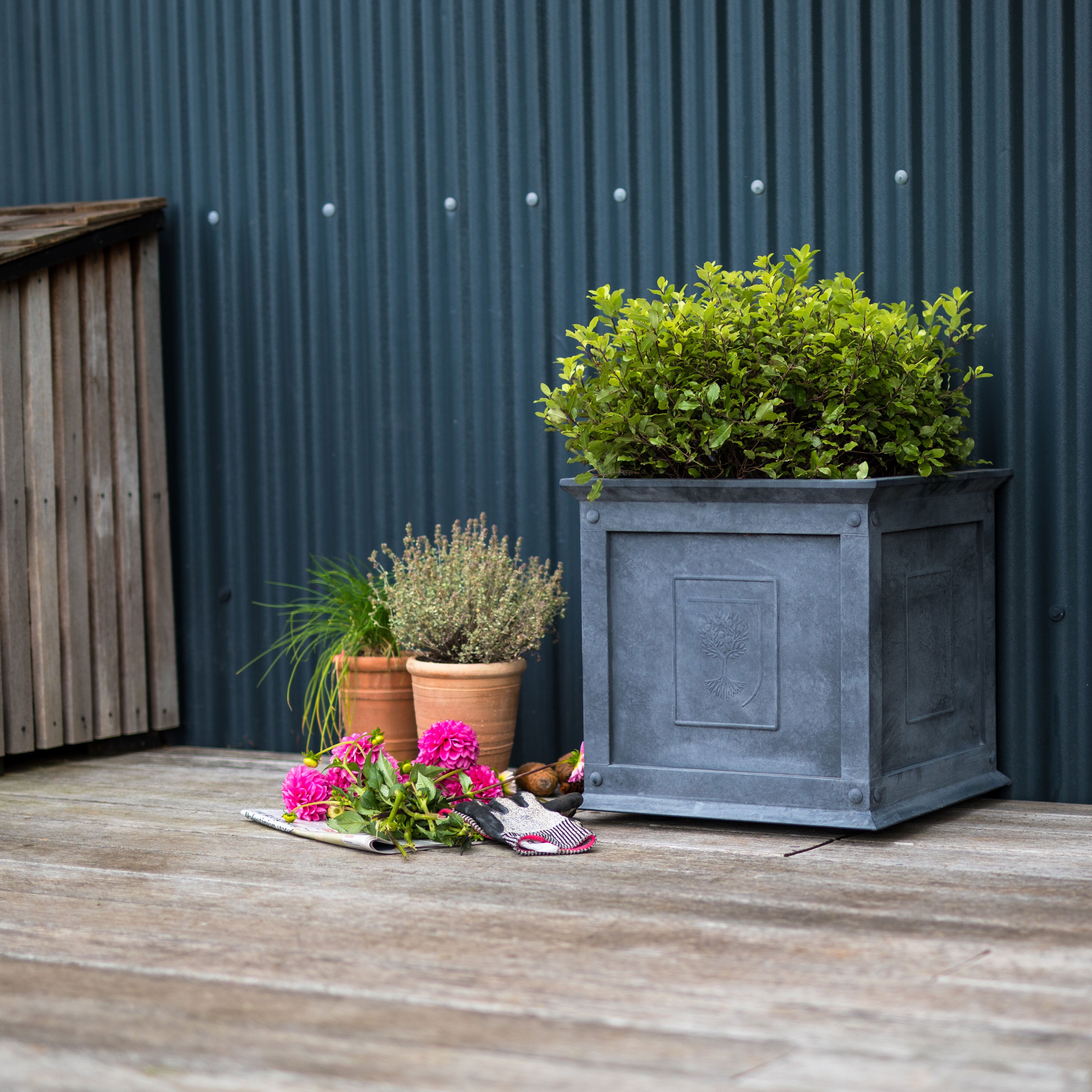 RHS Heritage Zinc Planter on a wooden deck against a corrugated metal wall. 