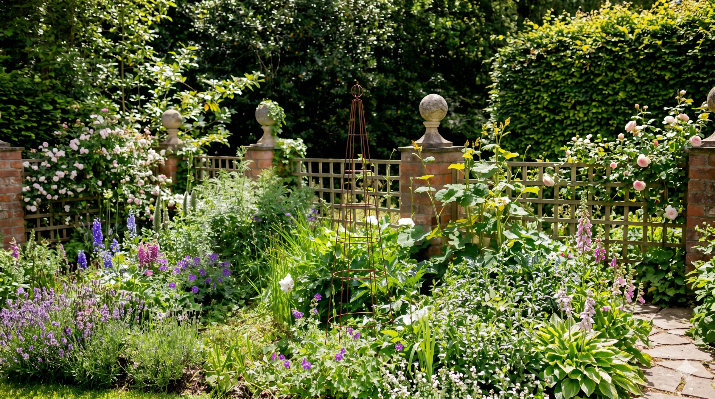 Agriframes Rustic Salisbury Obelisk installed in a flower bed in a vibrant garden scene