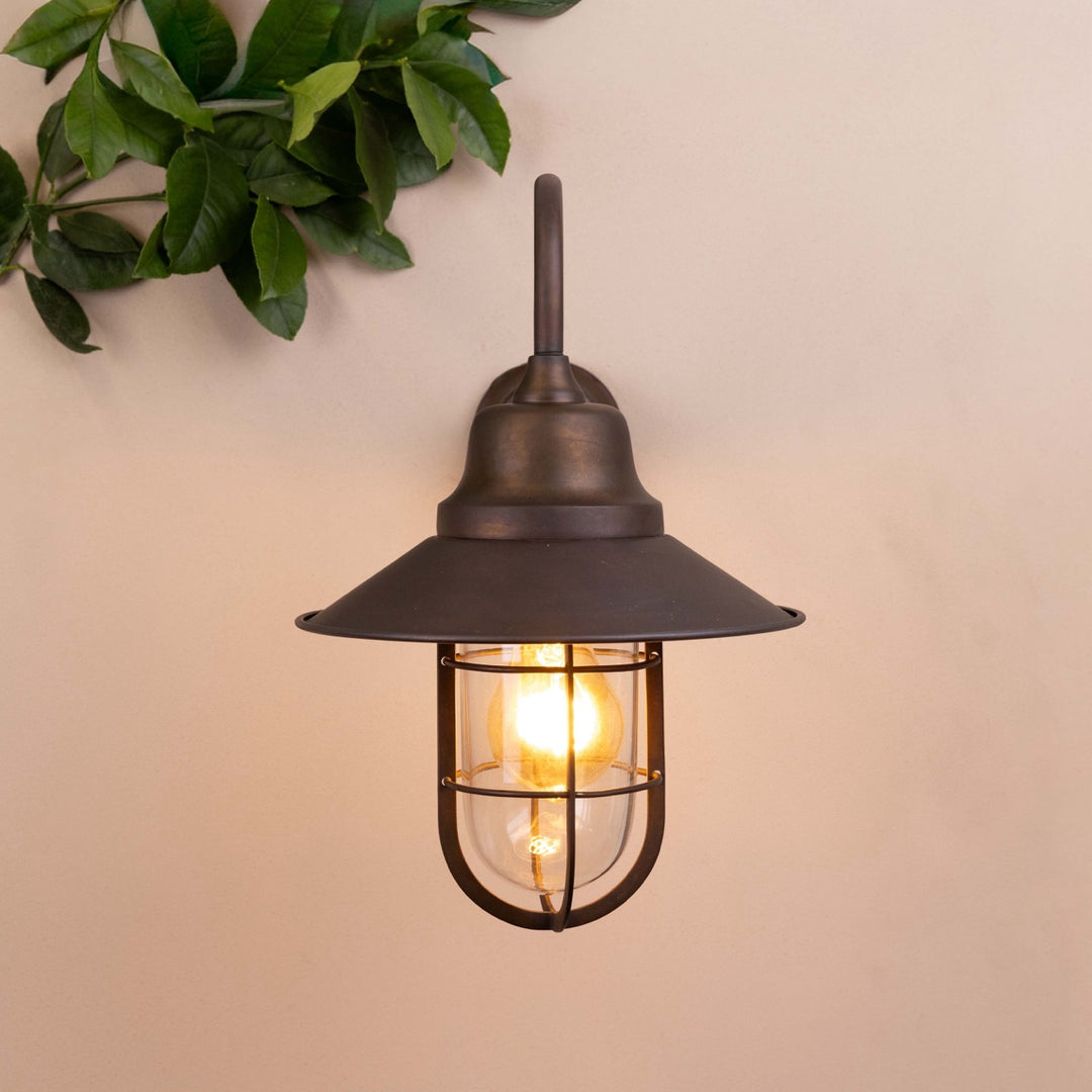 Bronze wall-mounted light fixture with swan neck on a pale background and decorative leaves in the top left corner.