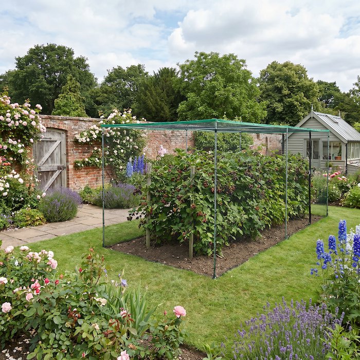 Agriframes starter fruit cage on a lawn with fruit bushes growing inside 