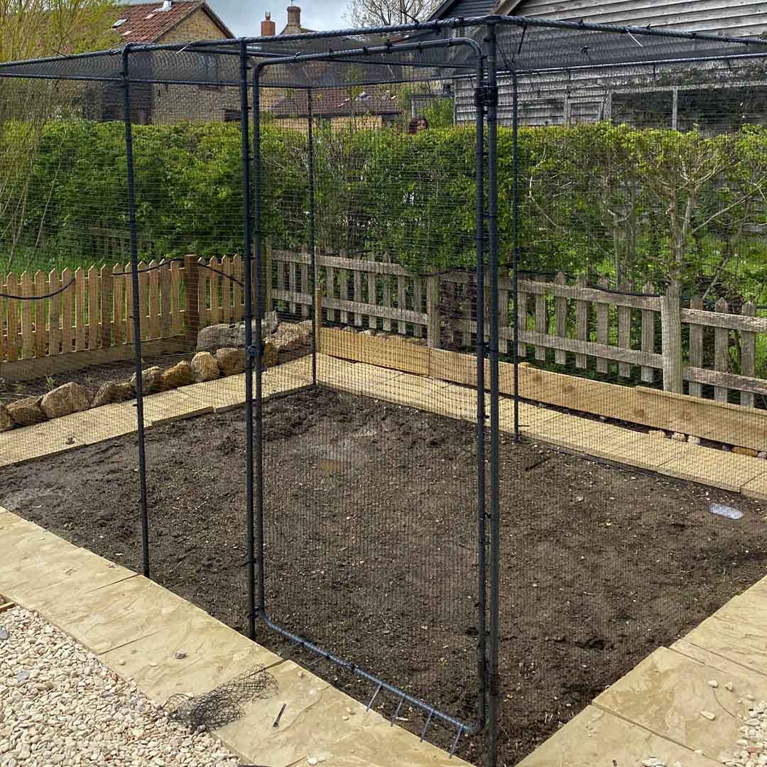 Steel walk in fruit cage door on a fruit cage over a soil patch