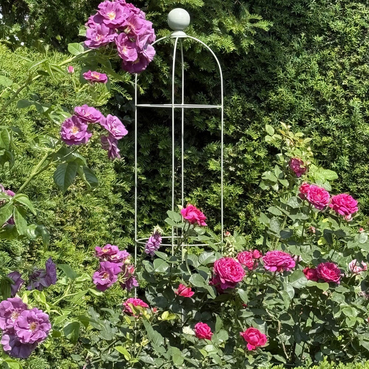 Pink flowers with a metal garden trellis against a green background