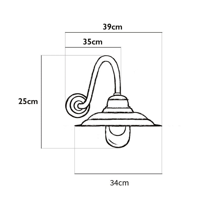 Line drawing of the tetbury outdoor wall lamp with dimensions outlining it