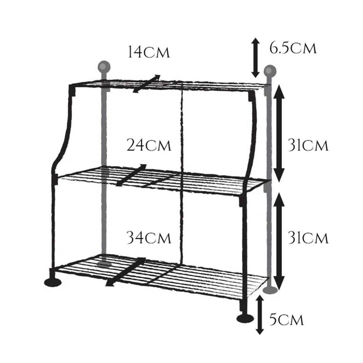 Measurement chart of a three-tier metal shelf with dimensions labeled in centimeters.