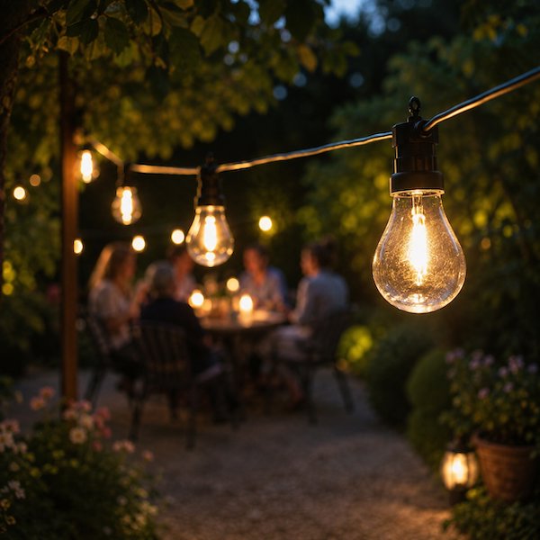 A string of outdoor lights attached to a pole in the garden. Blurred in the background is a group of people around a table. 