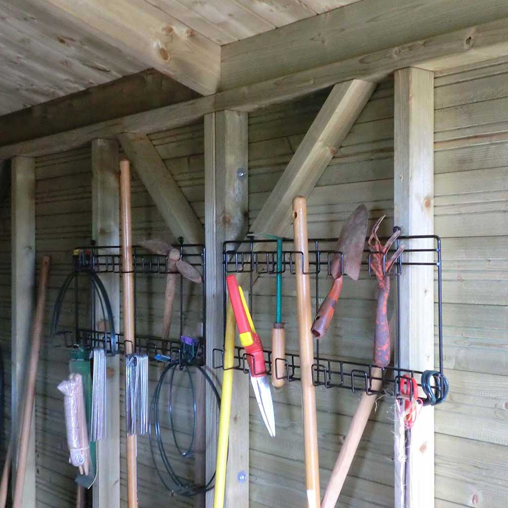 2-Tier Tool Rack- in use with tools in shed- agriframes