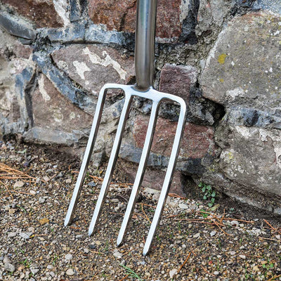 stainless steel digging fork head close up