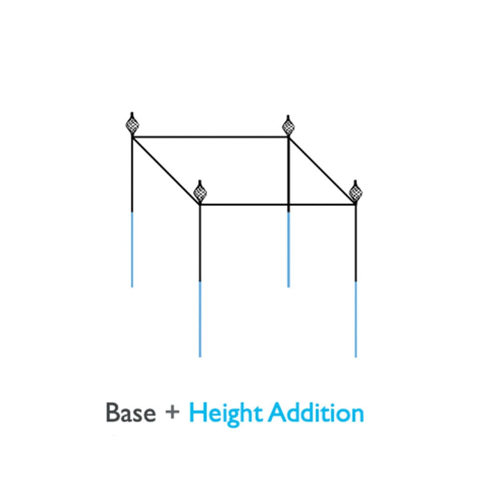 Diagram showcasing the base and height addition of the Agriframes Elegance Vegetable Cage with sprial finials