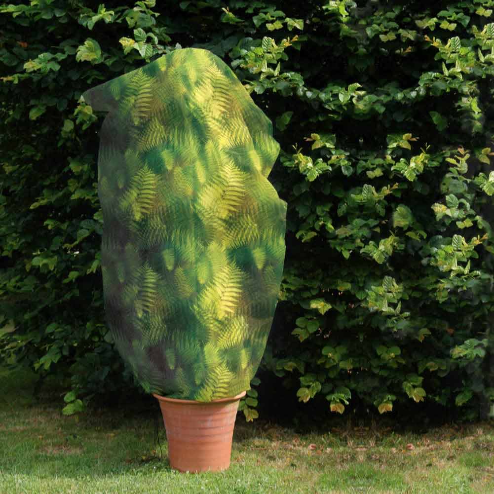 Green Ferne / Camouflage Fleece Jacket size large in use on potted plant in garden 