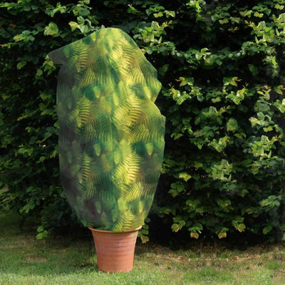 Green Ferne / Camouflage Fleece Jacket size large in use on potted plant in garden 