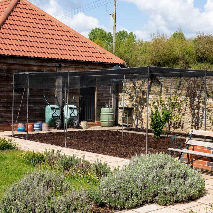 Aluminium walk in fruit cage with a soil bed in a garden