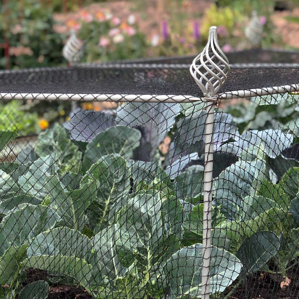 Closeup shot of the spiral finials on an Agriframes Elegance Vegetable Cage