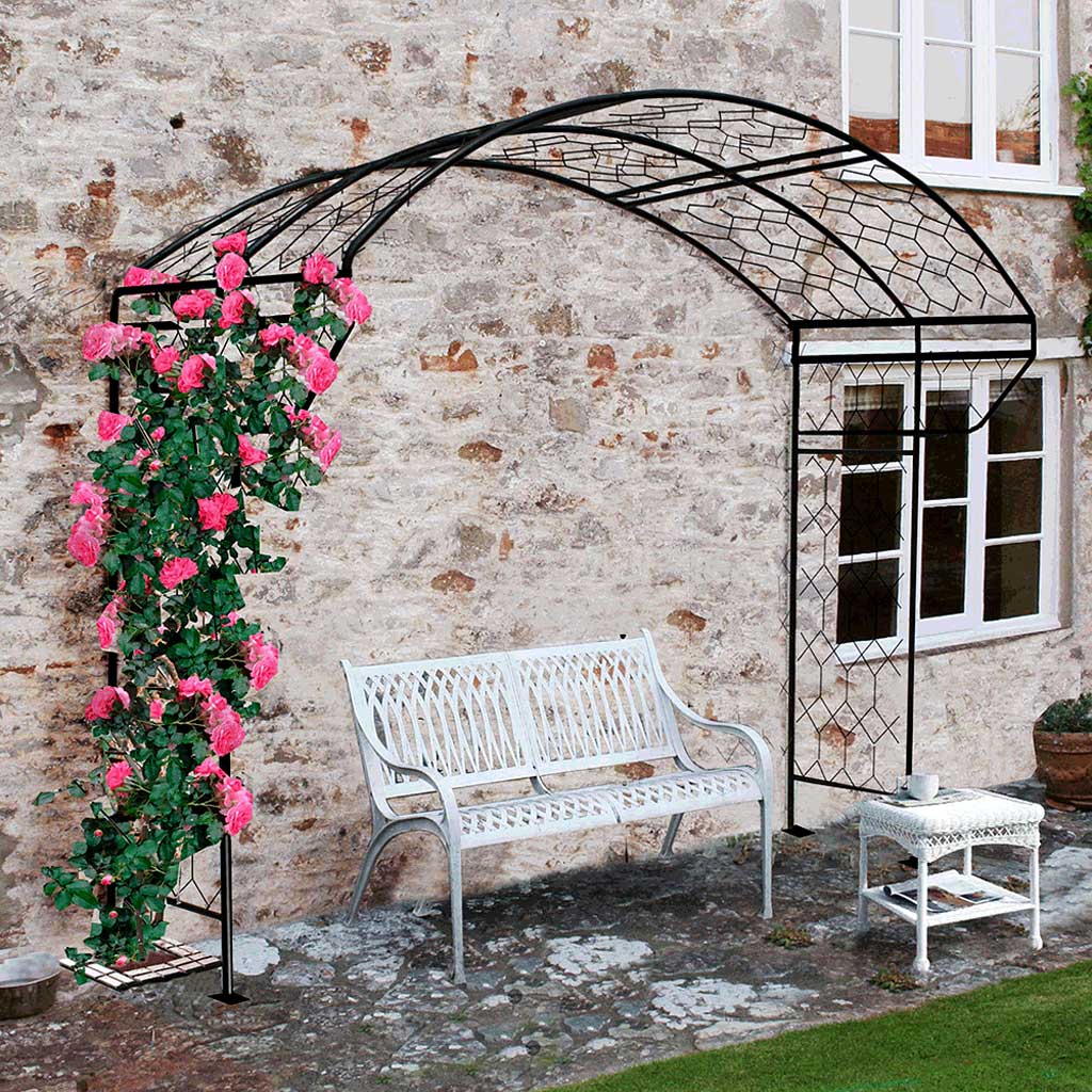 Giverny Arbour Matt Black-wide with bench-agriframes