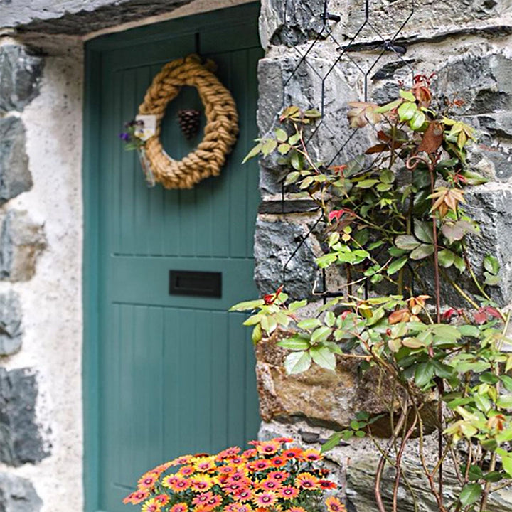 lattice trellis wall trellis with a brick background and green door

