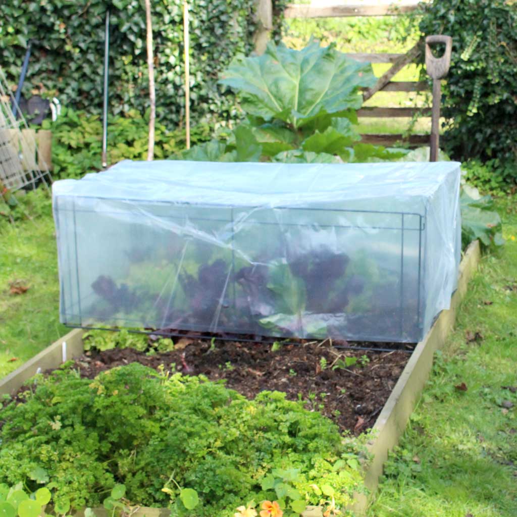 Agriframes Mini Crop Cage with a cover over it installed in a raised bed