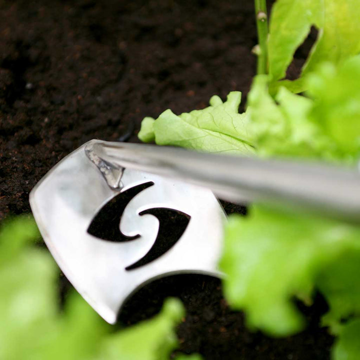 Closeup of the Agriframes Speedhoe Precision in use in a soil bed 