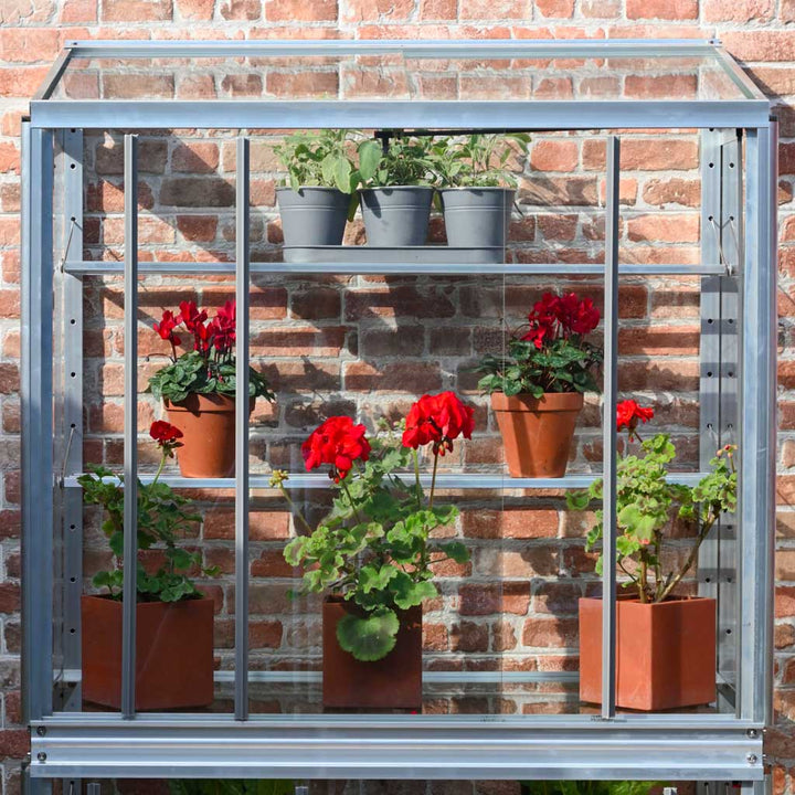 Small greenhouse with potted plants against a brick wall