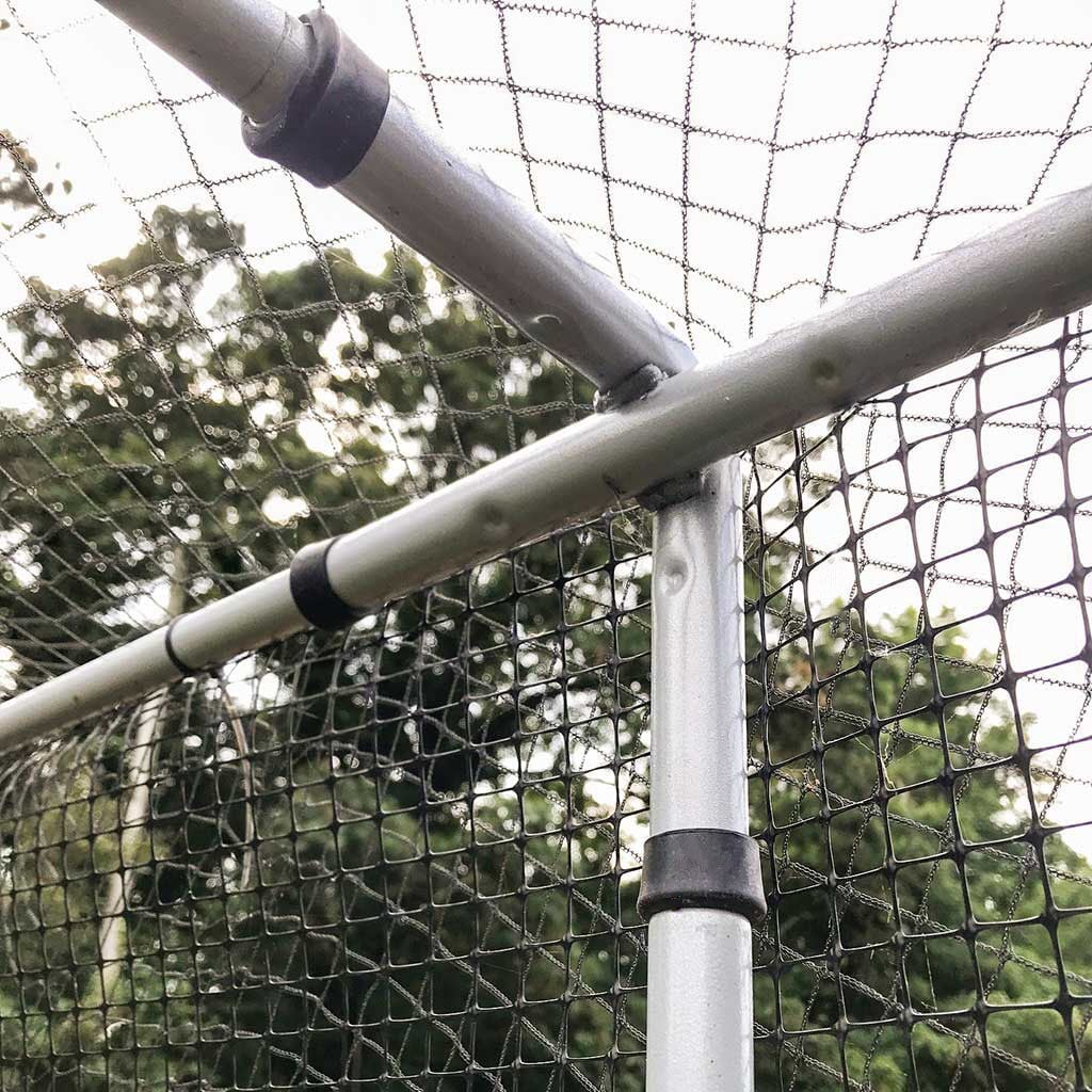 Closeup of a corner of the frame of an Agriframes Superior Fruit Cage in Dove Grey